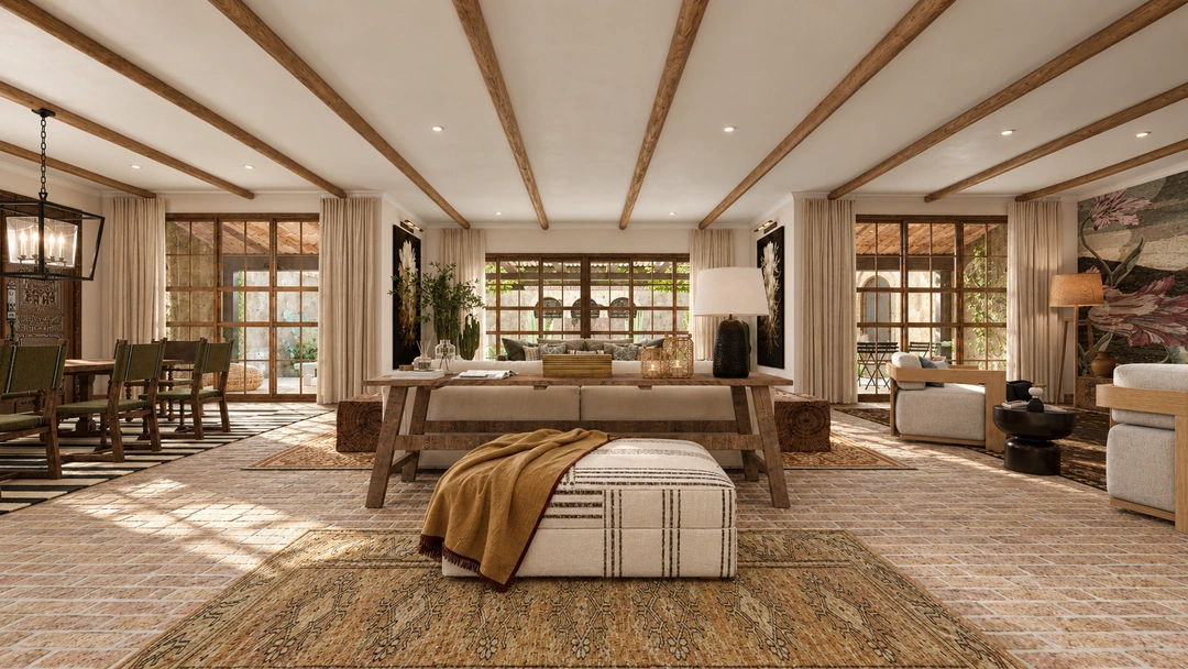 Open living room and dining area with exposed beams — Santa Fe, NM, Studio Dalika; project view 5