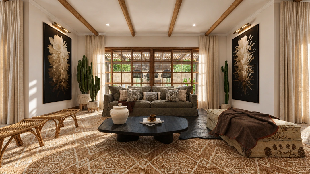 Living room seating framed by tall artwork and curtains — Santa Fe, NM, Studio Dalika; project view 6