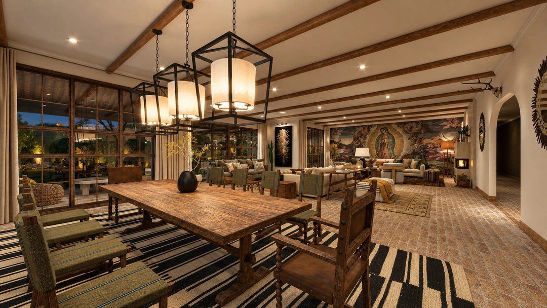 Dining room with long table and geometric pendant lights — Santa Fe, NM, Studio Dalika; project view 7