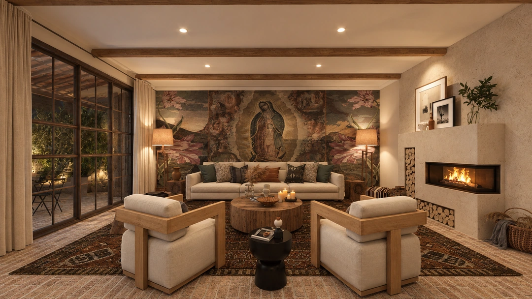 Living room with wood ceiling beams and colorful artwork — Santa Fe, NM, Studio Dalika; project view 8