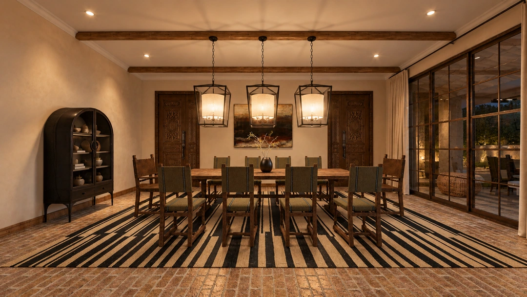 Dining room with patterned rug and wine storage — Santa Fe, NM, Studio Dalika; project view 9