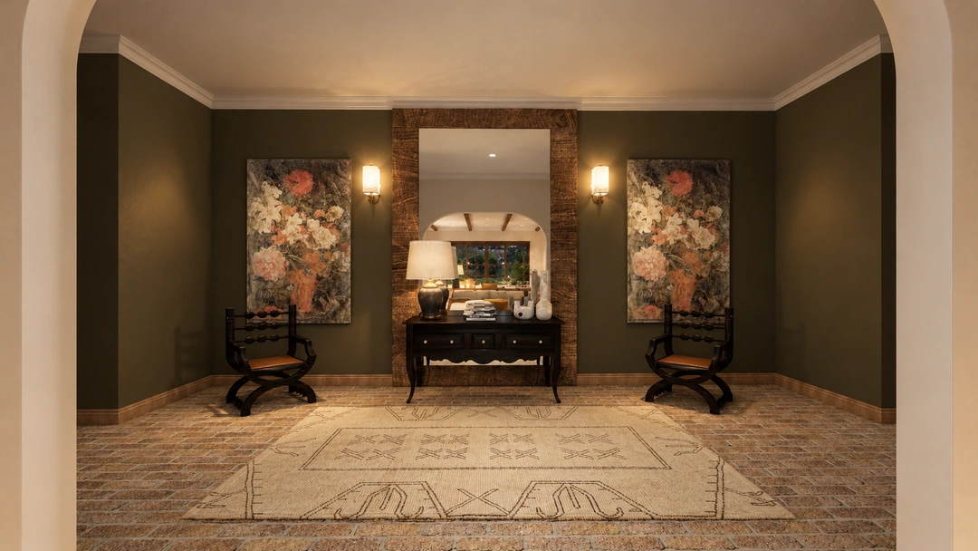 Entry console framed by floral wall panels — Santa Fe, NM, Studio Dalika; project view 10