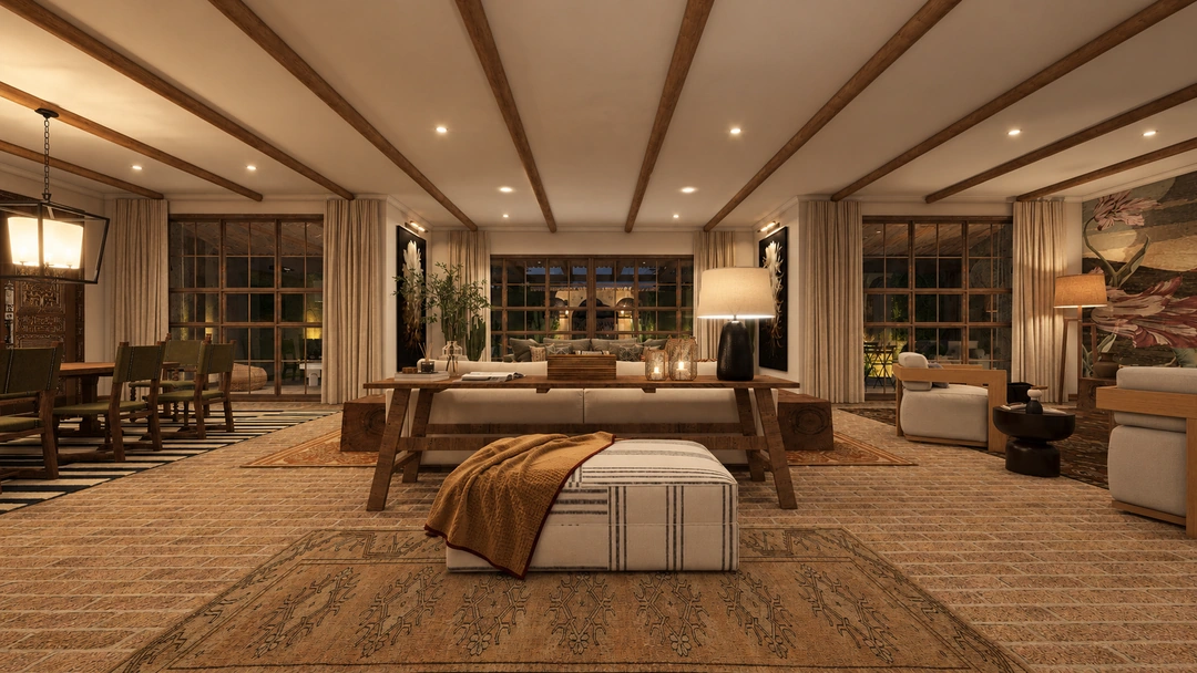 Open living room with exposed ceiling beams — Santa Fe, NM, Studio Dalika; project view 11