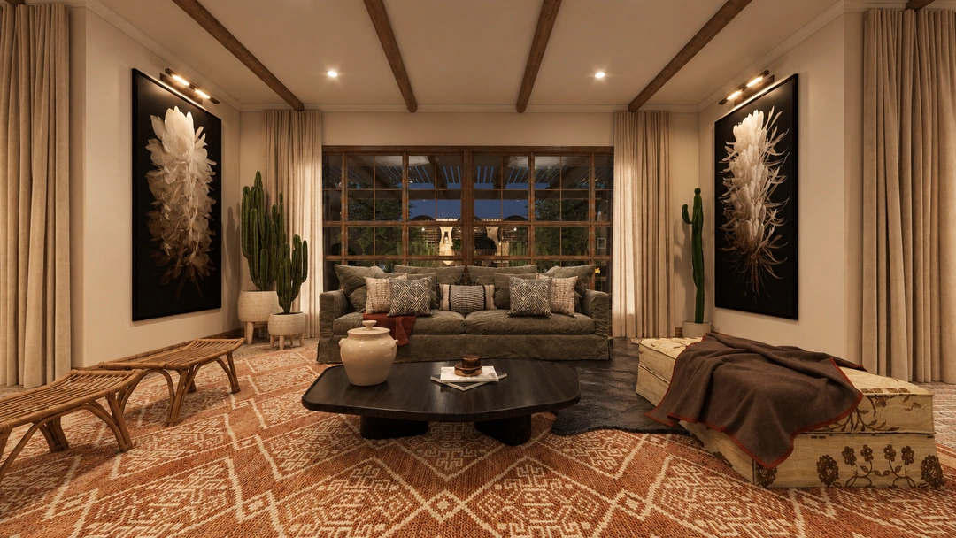 Living room with bench seating and large framed artwork — Santa Fe, NM, Studio Dalika; project view 12