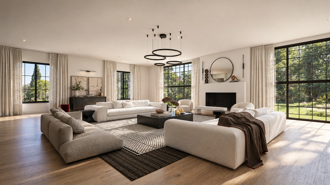 Living room with white sofas and black framed windows — Atlanta, GA, Studio Dalika