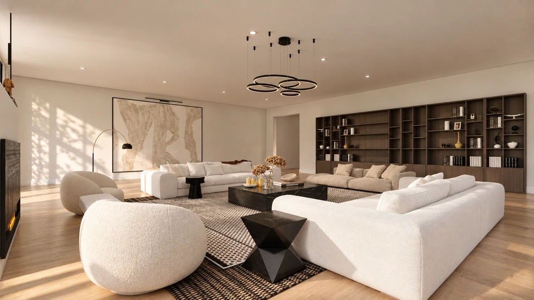 Living room with curved chair and open display shelving — Atlanta, GA, Studio Dalika; project view 3