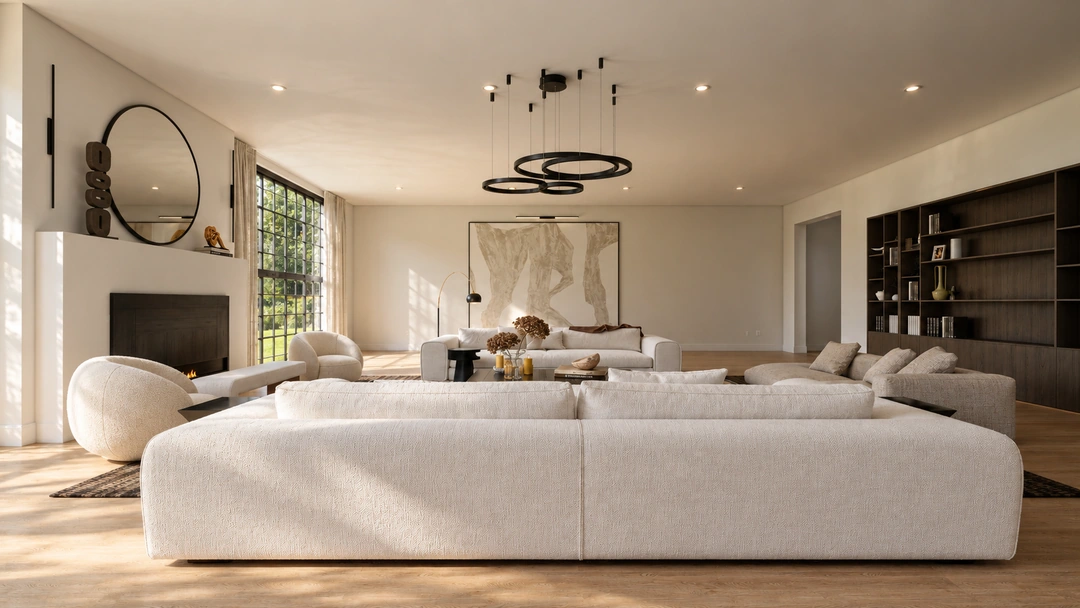 Living room facing white sofa and circular chandelier — Atlanta, GA, Studio Dalika; project view 4