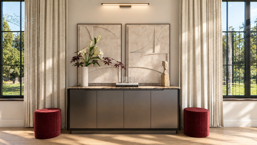 Entry console with large artwork and red stools — Atlanta, GA, Studio Dalika; project view 5