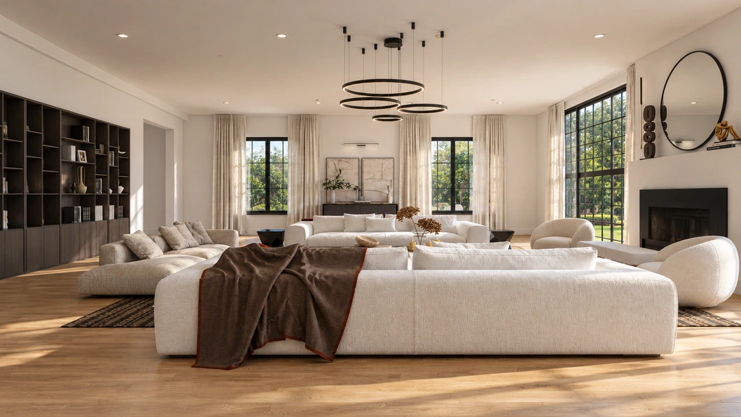 Living room with white sectional and fireplace — Atlanta, GA, Studio Dalika; project view 6