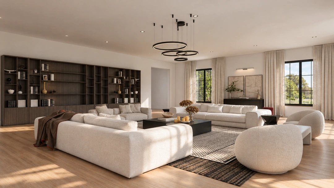 Living room with sofas beside dark display shelving — Atlanta, GA, Studio Dalika; project view 7