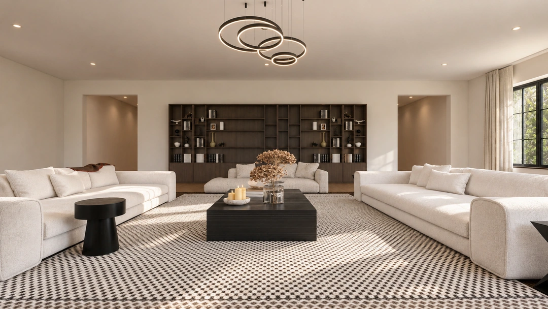 Living room seating facing black display shelves — Atlanta, GA, Studio Dalika; project view 8