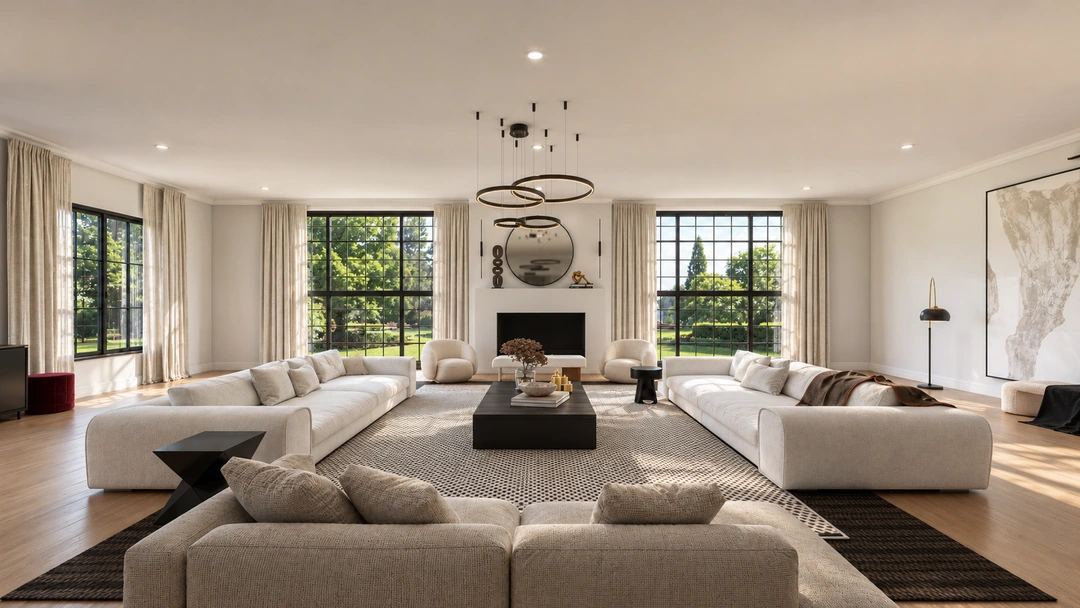 Living room with fireplace framed by tall windows — Atlanta, GA, Studio Dalika; project view 9