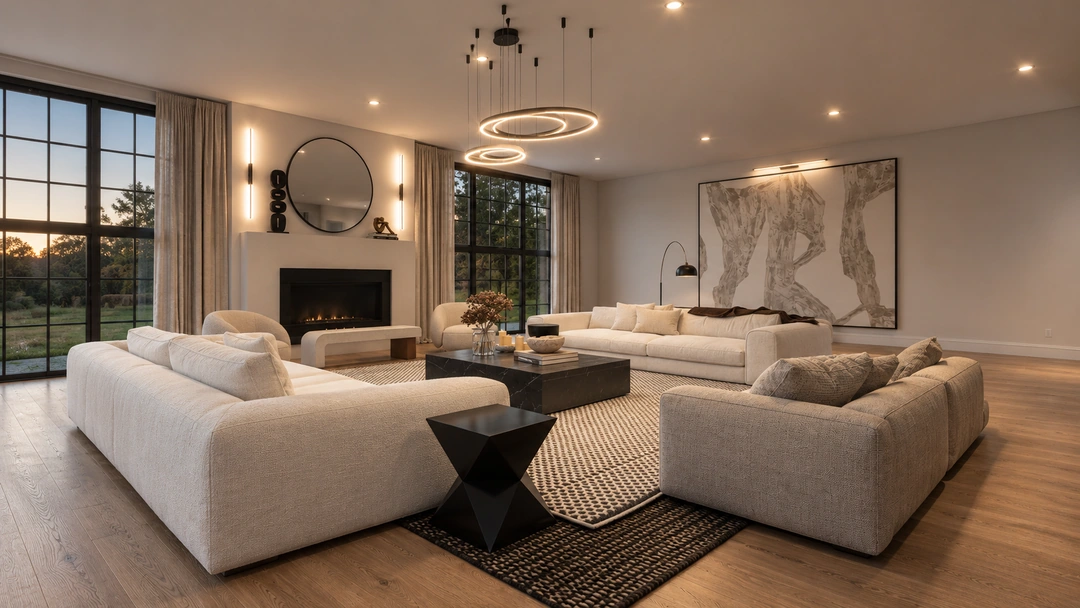 Evening living room with sofas and fireplace — Atlanta, GA, Studio Dalika; project view 10