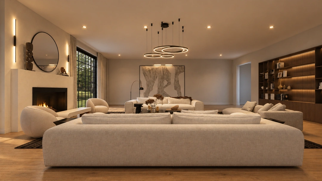 Evening living room with sectional and circular chandelier — Atlanta, GA, Studio Dalika; project view 11