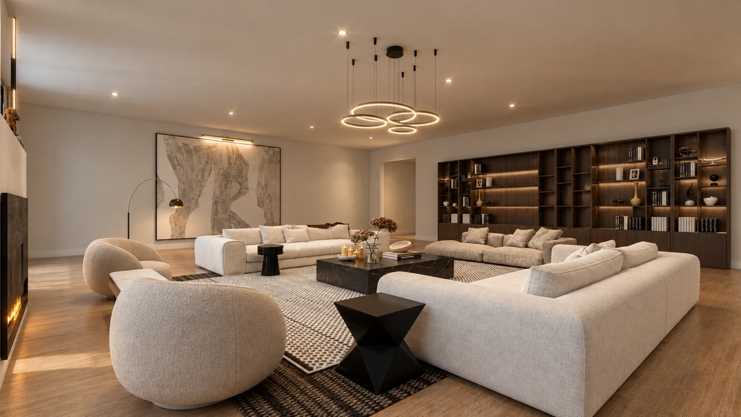 Evening living room with sofas and curved lounge chair — Atlanta, GA, Studio Dalika; project view 12