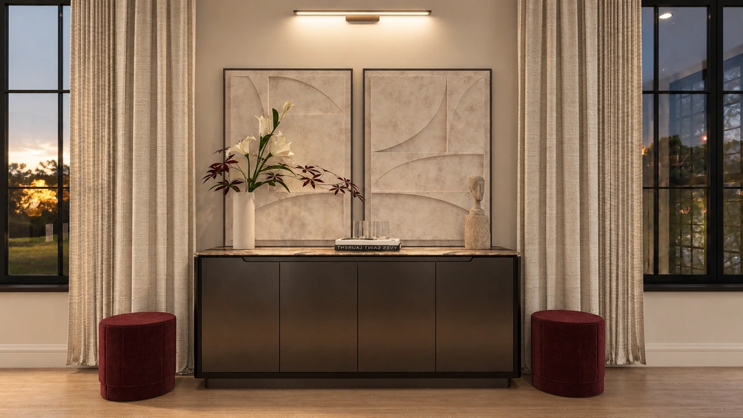 Evening console with large artwork and red accent stools — Atlanta, GA, Studio Dalika; project view 13