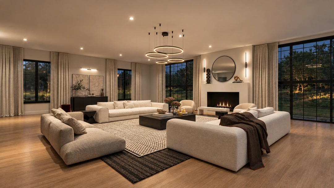 Evening living room with white sectional and garden windows — Atlanta, GA, Studio Dalika; project view 14