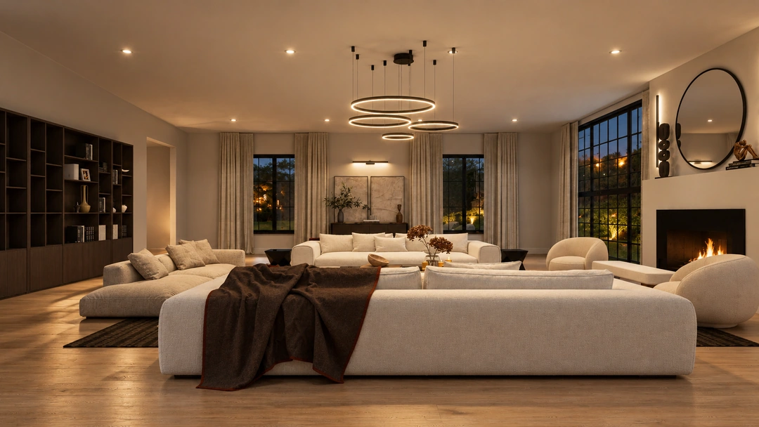 Evening living room with sectional beside tall windows — Atlanta, GA, Studio Dalika; project view 15