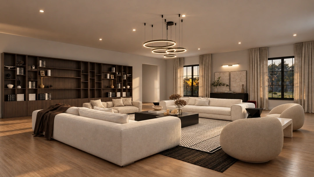 Evening living room with dark shelving and curved chair — Atlanta, GA, Studio Dalika; project view 16