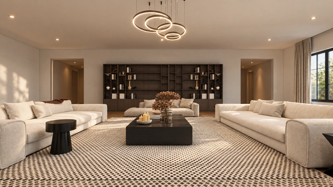 Evening living room seating facing dark display shelves — Atlanta, GA, Studio Dalika; project view 17