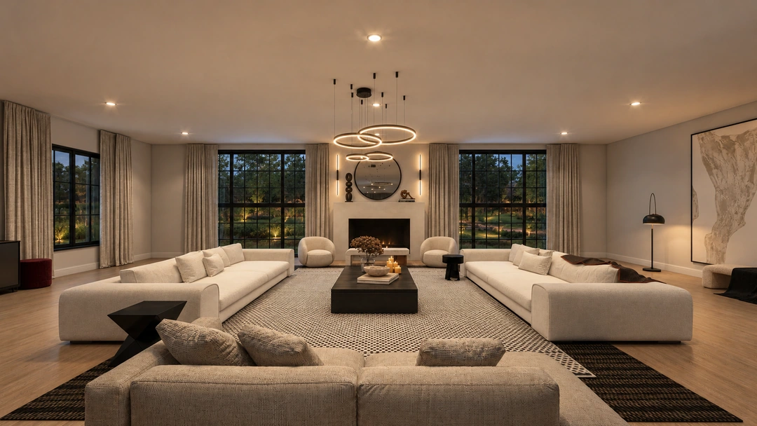 Evening living room with white sofas and dark tables — Atlanta, GA, Studio Dalika; project view 18