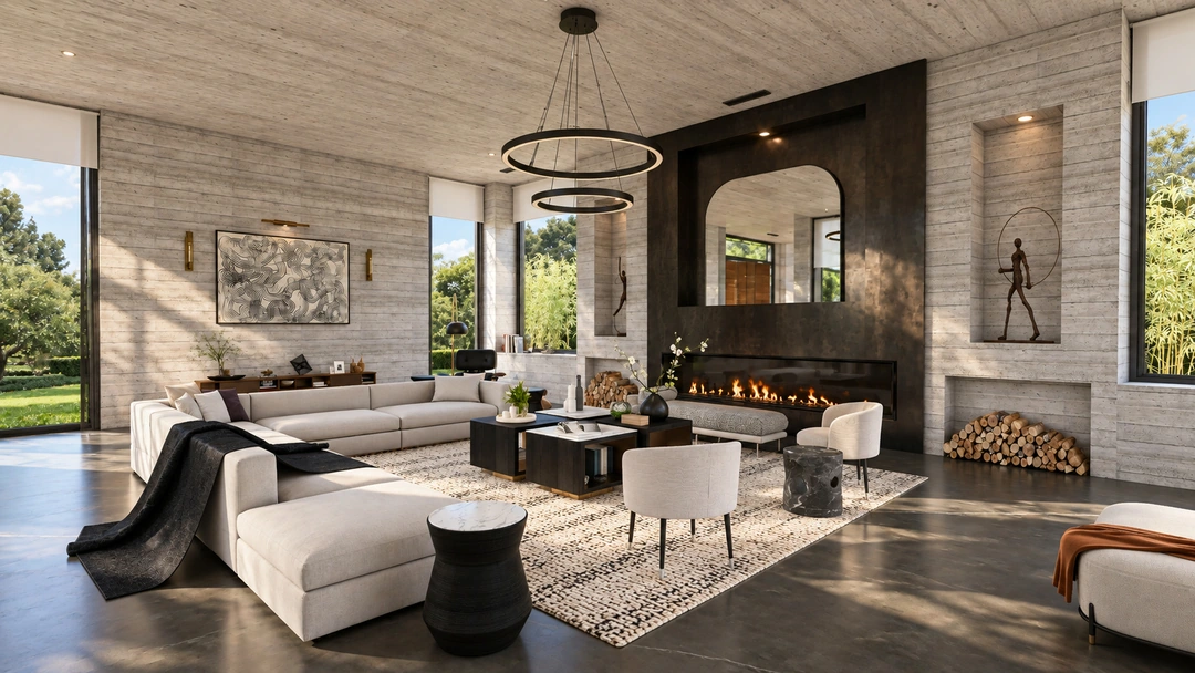 Double height living room with ring chandelier and greenery — Pacific Palisades, CA, Studio Dalika