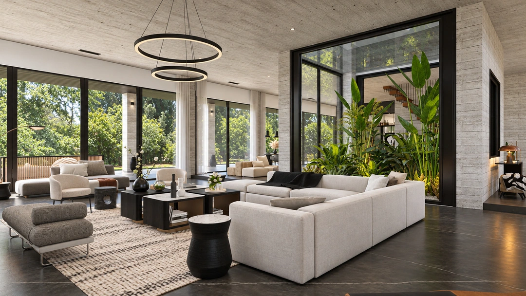 Living room with white sectional and courtyard greenery — Pacific Palisades, CA, Studio Dalika; project view 3