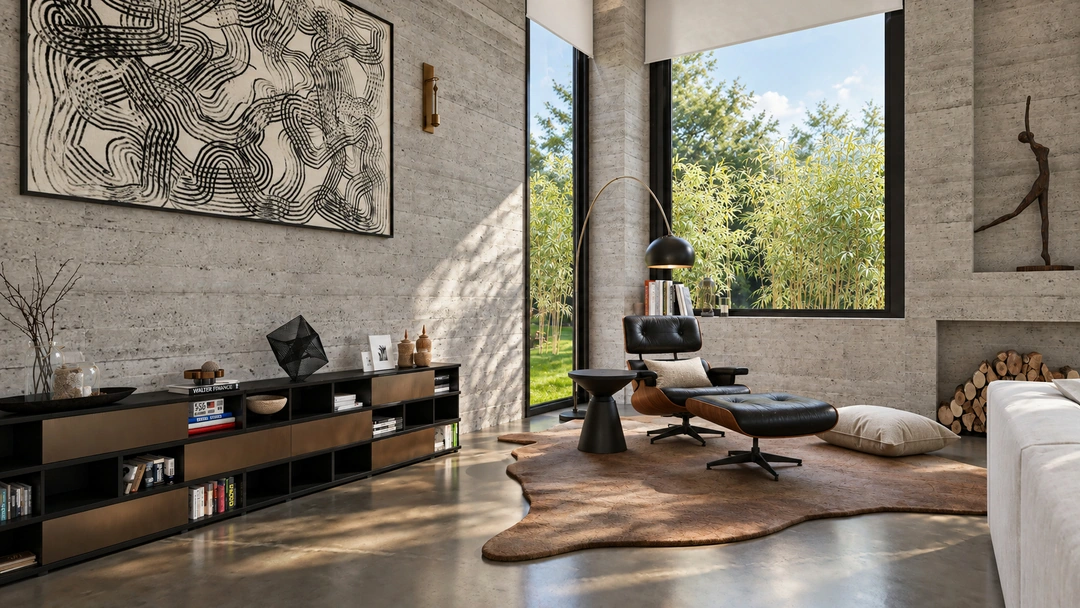 Television console with abstract artwork and adjacent courtyard — Pacific Palisades, CA, Studio Dalika; project view 4