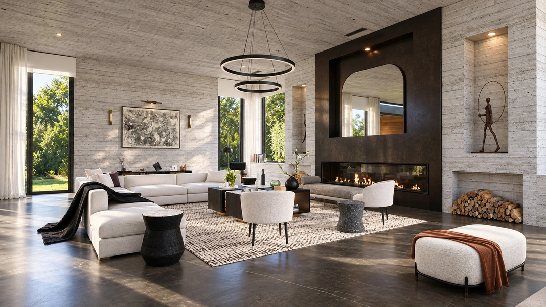 Living room with pale sofas and sculptural coffee table — Pacific Palisades, CA, Studio Dalika; project view 5