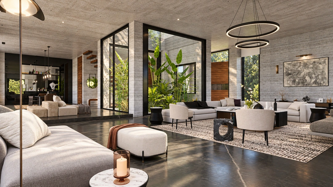Living room with white sectional and courtyard glazing — Pacific Palisades, CA, Studio Dalika; project view 6