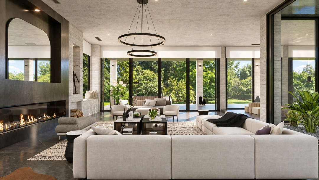 Living room facing tall windows and circular chandeliers — Pacific Palisades, CA, Studio Dalika; project view 7