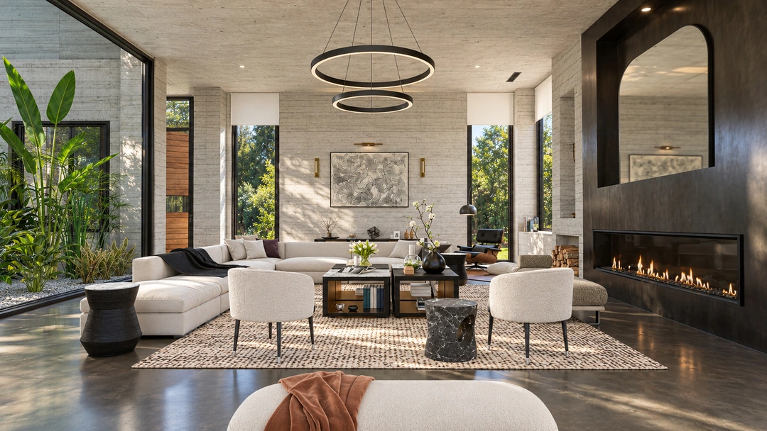 Living room with fireplace and garden facing windows — Pacific Palisades, CA, Studio Dalika; project view 8