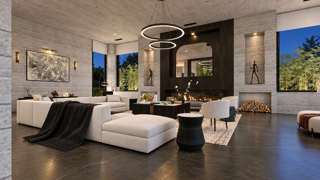 Living room with white sectional and ring chandelier — Pacific Palisades, CA, Studio Dalika; project view 9