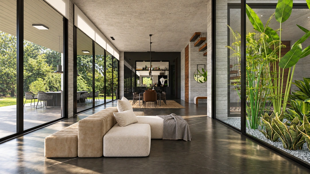 Glazed hallway with white bench and tropical courtyard — Pacific Palisades, CA, Studio Dalika; project view 10