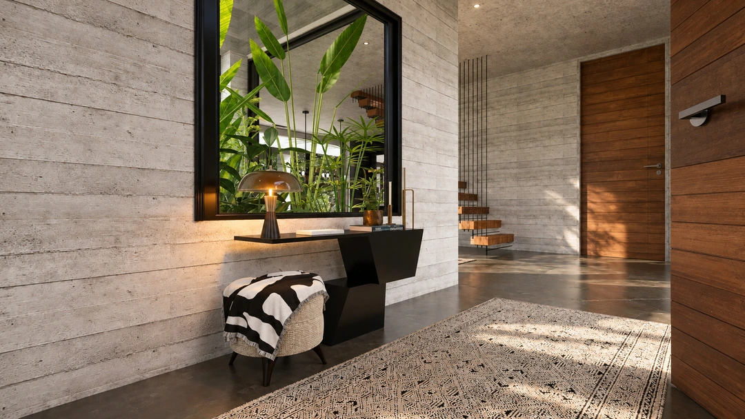 Entry console beneath tall mirror beside courtyard glazing — Pacific Palisades, CA, Studio Dalika; project view 11