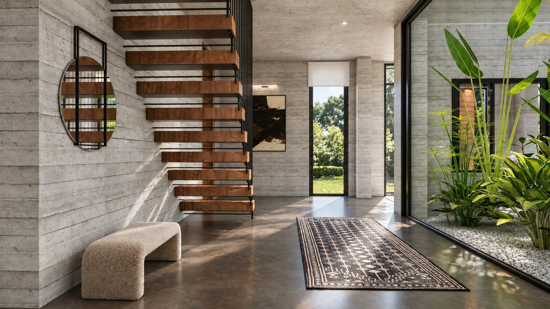 Open staircase beside mirrored entry console and courtyard — Pacific Palisades, CA, Studio Dalika; project view 12