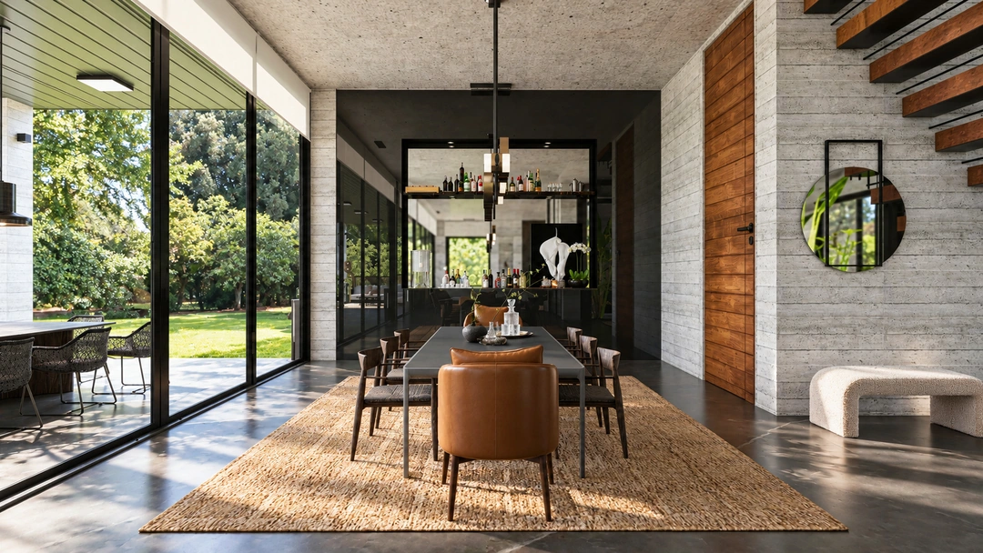 Dining area with long table beside garden glazing — Pacific Palisades, CA, Studio Dalika; project view 13