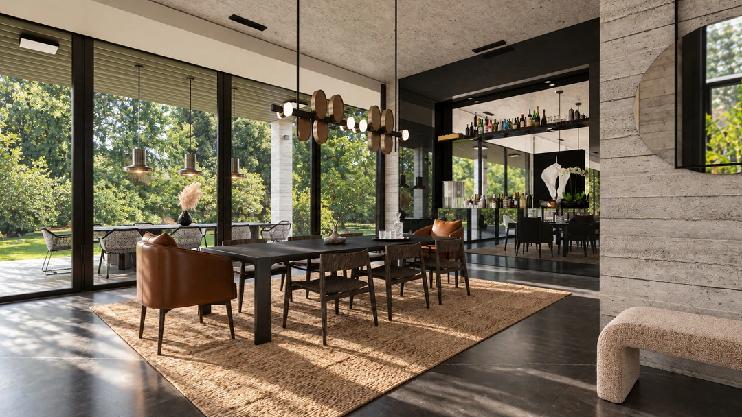 Long dining table opening toward kitchen and courtyard — Pacific Palisades, CA, Studio Dalika; project view 14