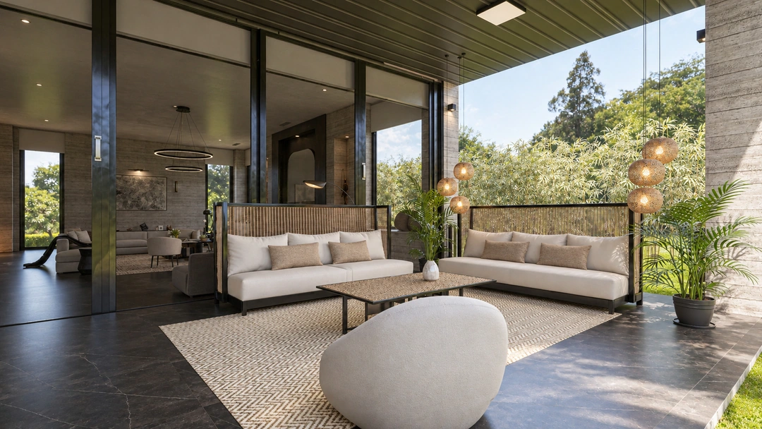 Living area with low seating beside open terrace — Pacific Palisades, CA, Studio Dalika; project view 15