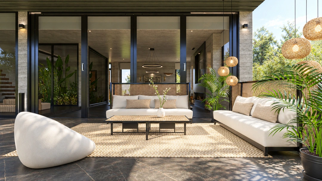 Living room with sculptural seating and courtyard planting — Pacific Palisades, CA, Studio Dalika; project view 16