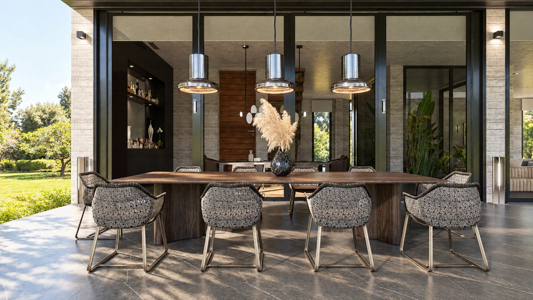 Dining table beside kitchen with matching pendant lights — Pacific Palisades, CA, Studio Dalika; project view 17