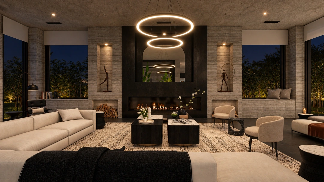 Evening double height living room with ring chandeliers — Pacific Palisades, CA, Studio Dalika; project view 18