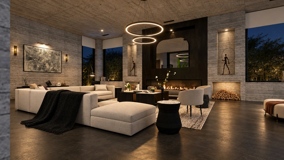 Evening dining area beside kitchen and courtyard glazing — Pacific Palisades, CA, Studio Dalika; project view 19