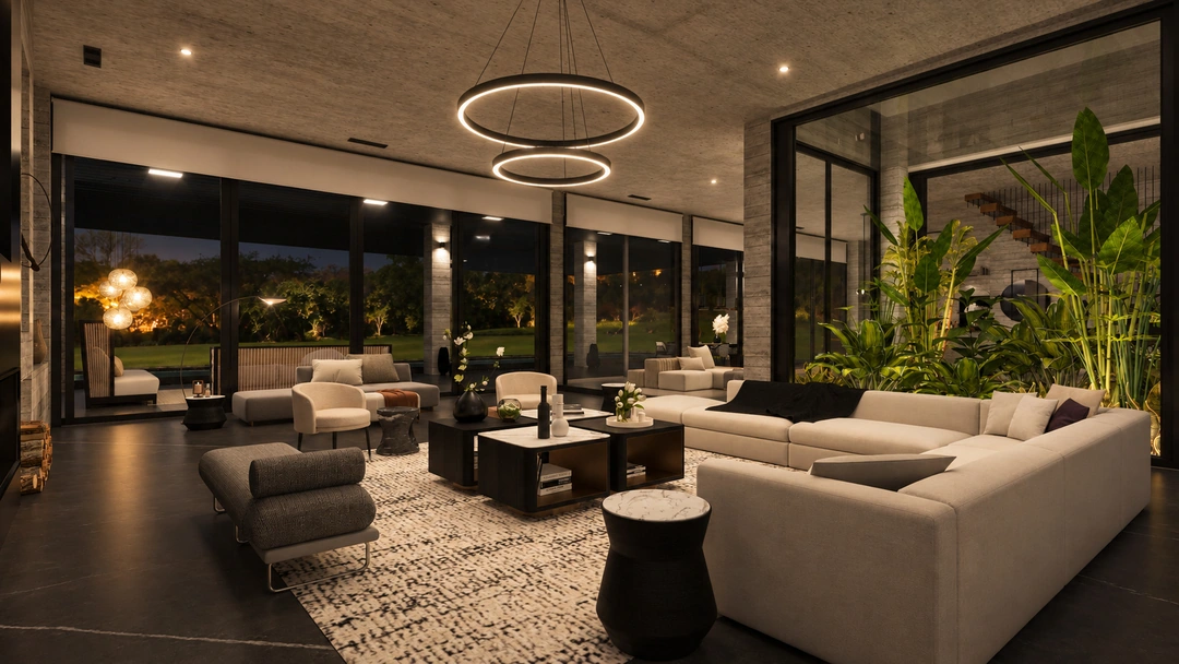 Evening open living room with sectional and kitchen — Pacific Palisades, CA, Studio Dalika; project view 20