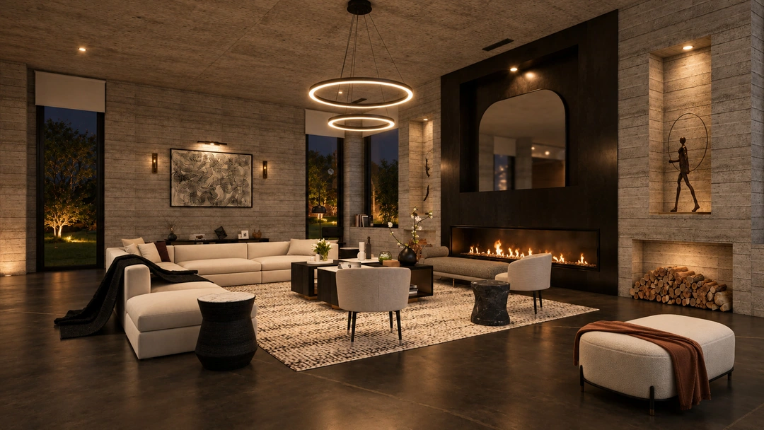 Evening living room with sectional and garden windows — Pacific Palisades, CA, Studio Dalika; project view 21