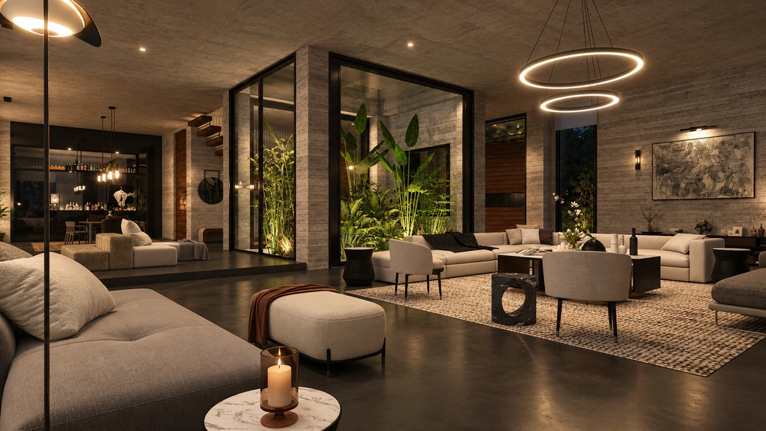 Evening living area with chandelier and tropical courtyard — Pacific Palisades, CA, Studio Dalika; project view 22