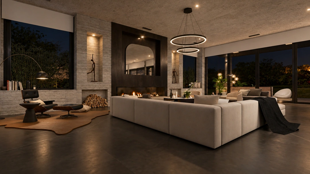 Evening living room overlooking illuminated outdoor planting — Pacific Palisades, CA, Studio Dalika; project view 23