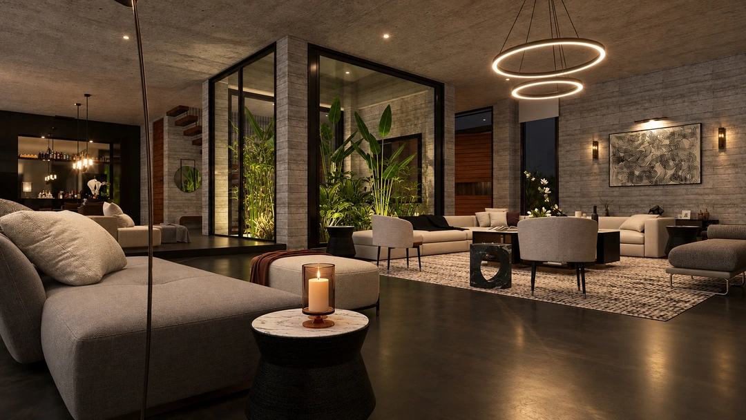 Evening living room with fireplace and sectional seating — Pacific Palisades, CA, Studio Dalika; project view 24