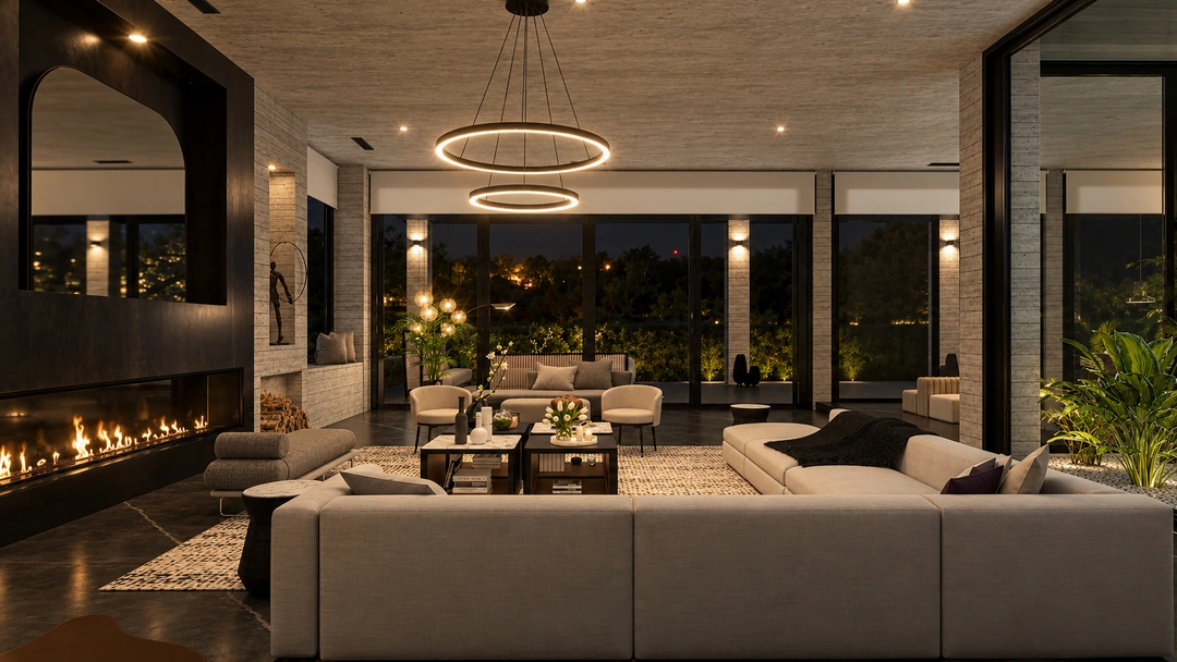 Evening open dining and living room with ring chandeliers — Pacific Palisades, CA, Studio Dalika; project view 25