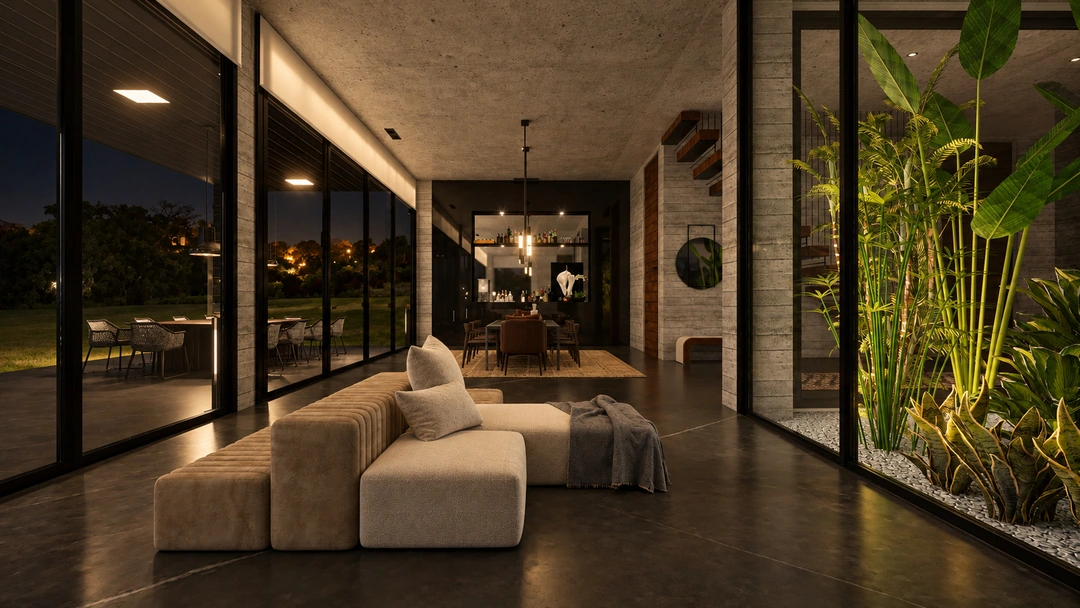 Evening lounge seating beside glazed courtyard wall — Pacific Palisades, CA, Studio Dalika; project view 26